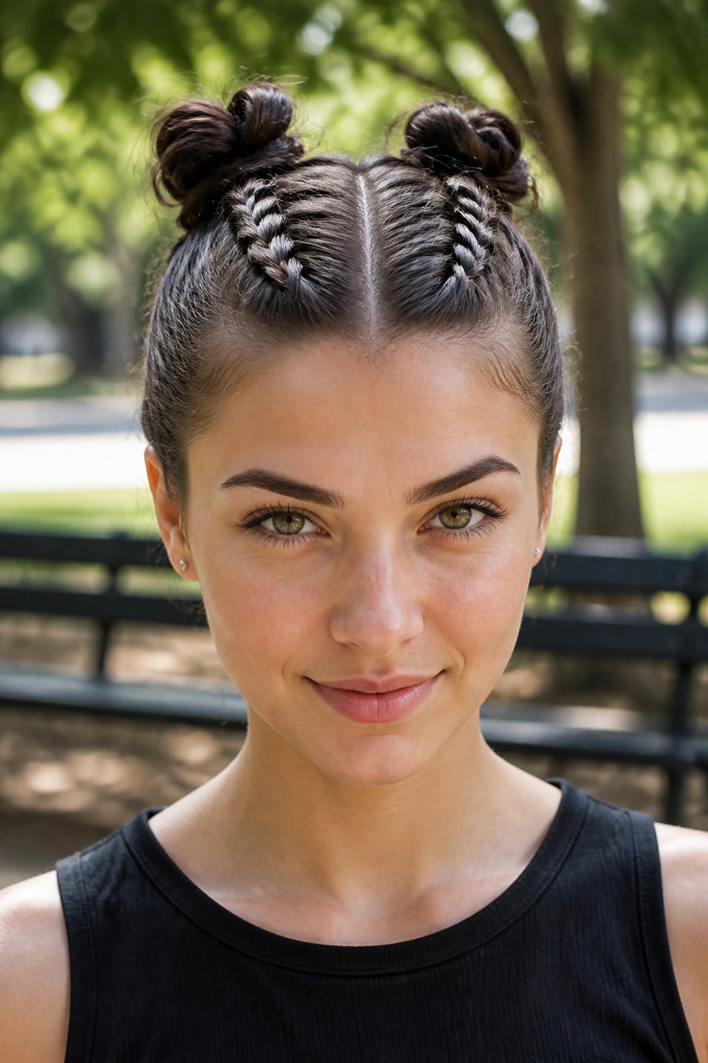 Close-up of a person with double Dutch braids turned into space buns