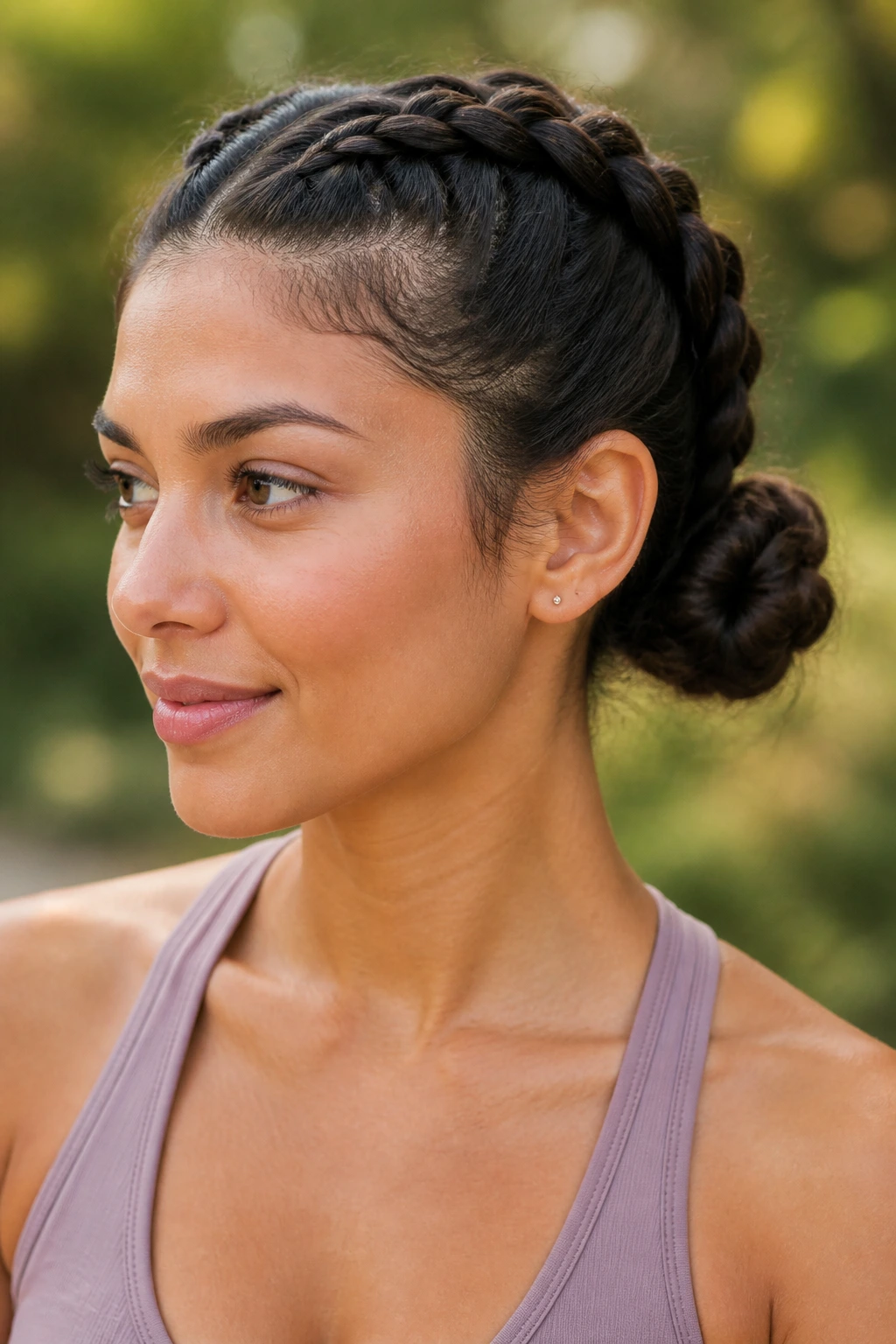 Real person with double Dutch braids forming buns