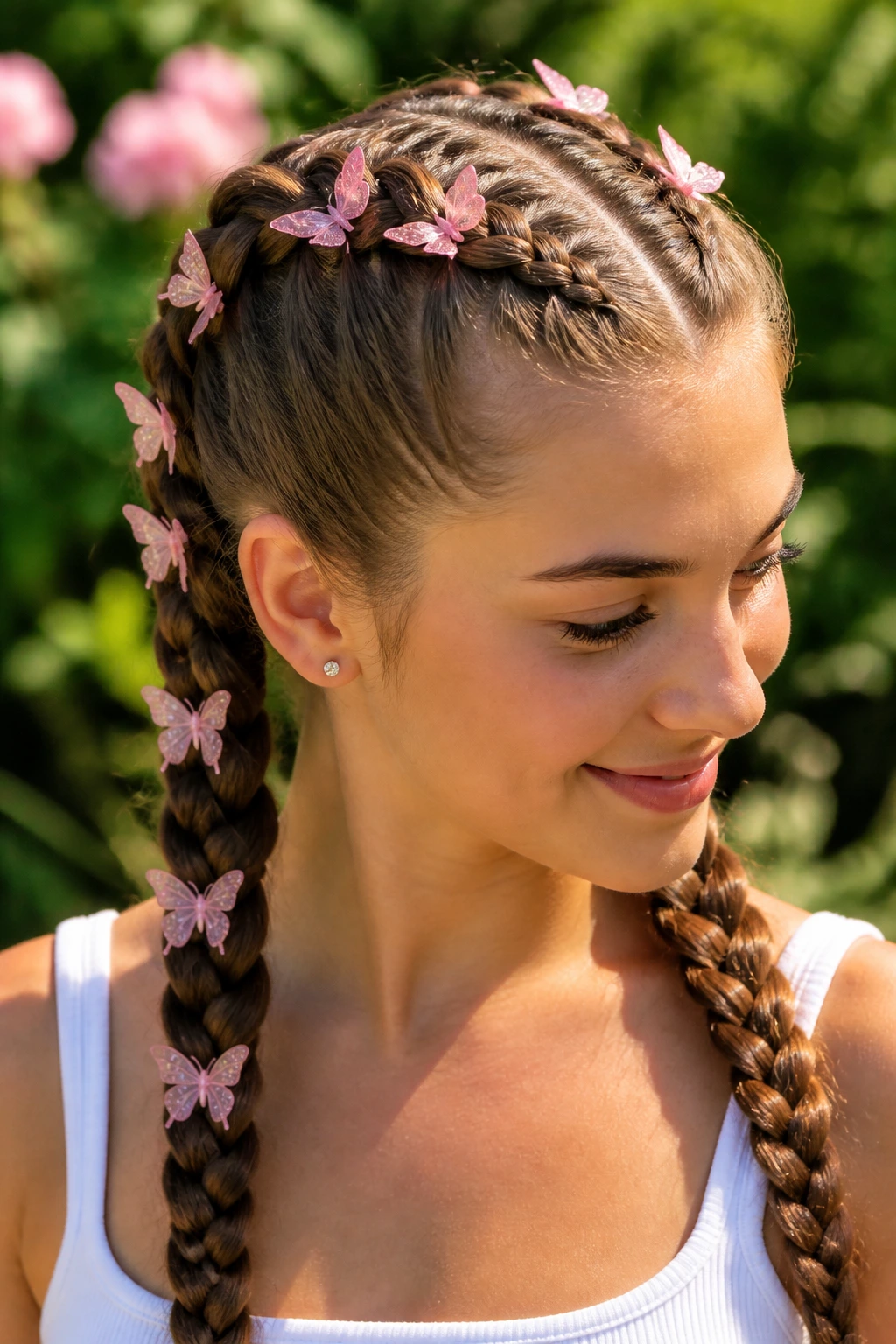 Close-up of a real person with double Dutch braids and pink butterfly accents