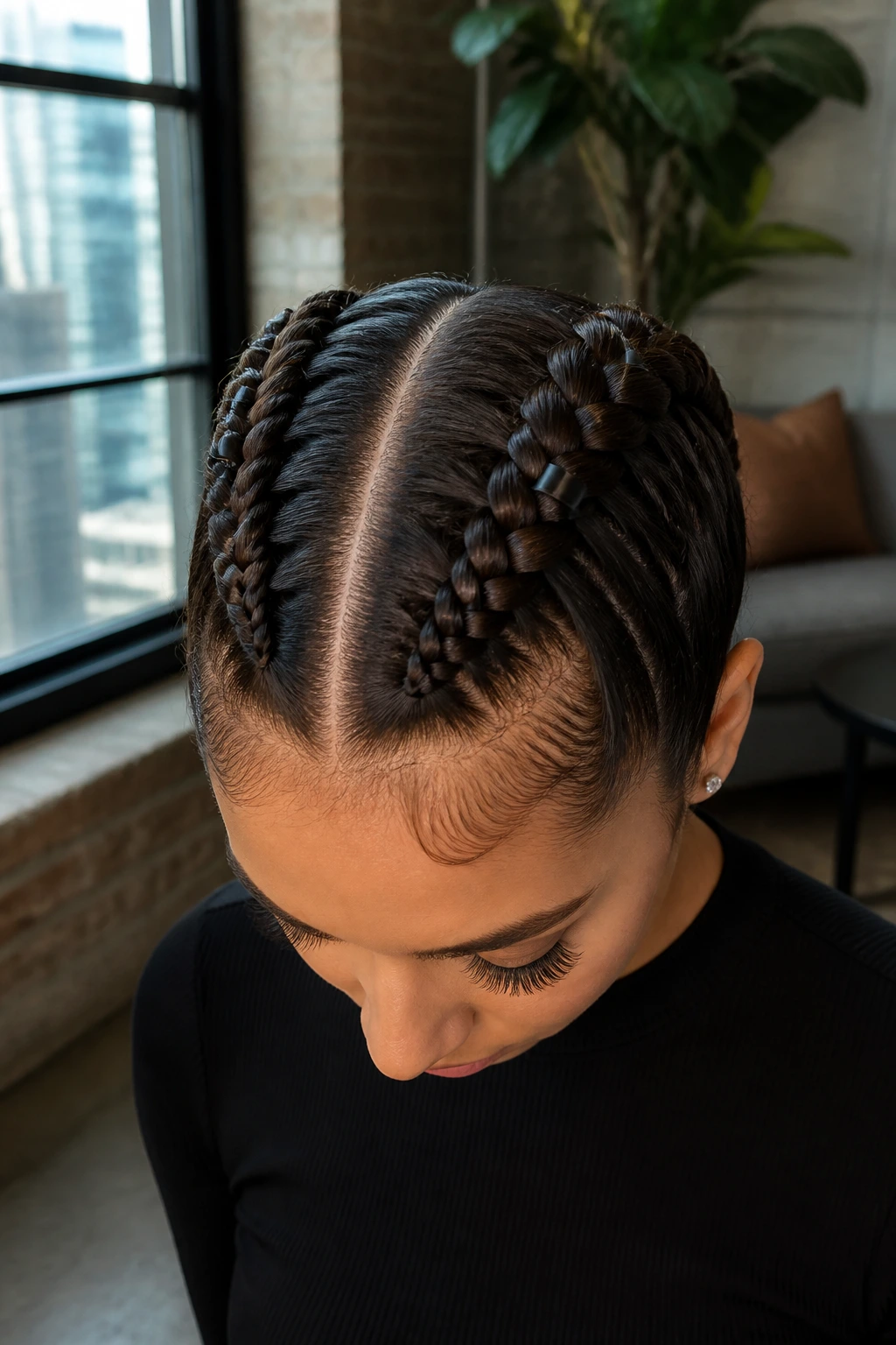 Close-up of a real person with two Dutch braids and matte black cuffs