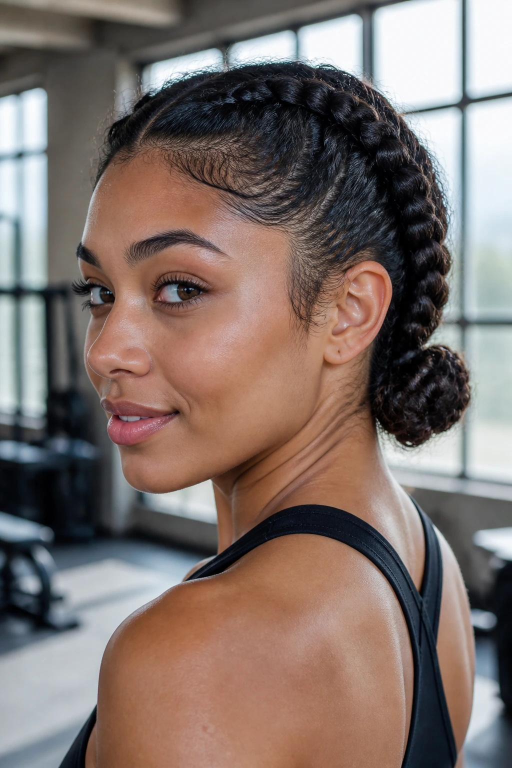 Close-up of real person with two Dutch braids ending in curly buns