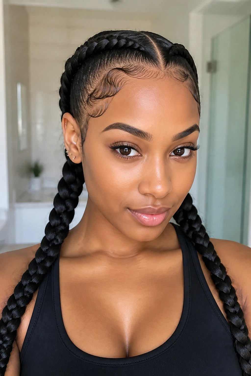 Real woman with double Dutch braids and defined edges