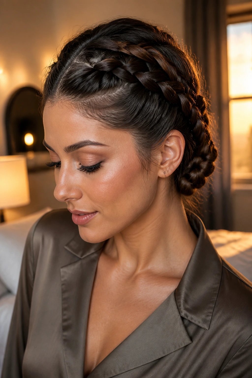 Close-up of a real woman with two Dutch braids pinned under to form a faux bob, warm room lighting