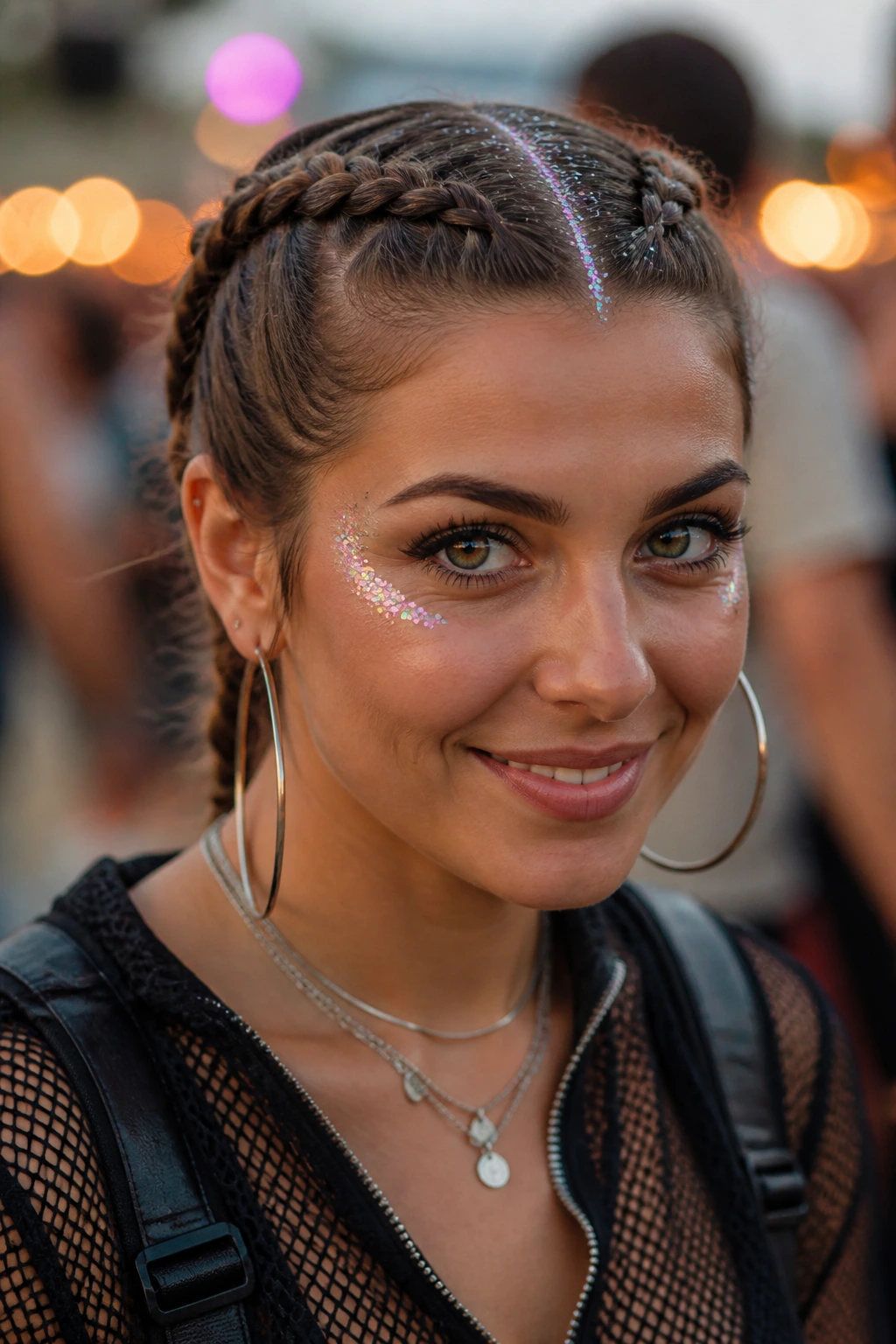 Close-up of a real woman with two Dutch braids and glitter part at festival
