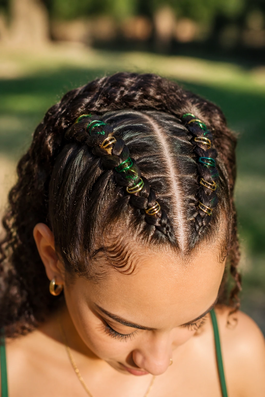 Close-up of double Dutch braids with green hair rings on a real person