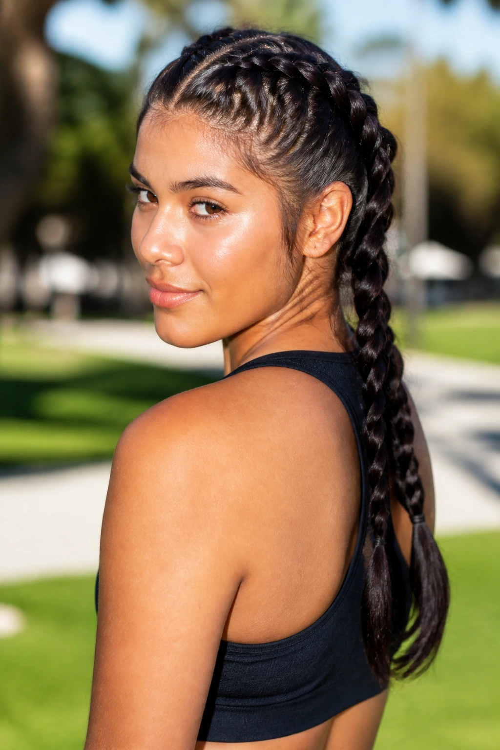 Close-up portrait of a real woman with two Dutch braids outdoors in a sunny park