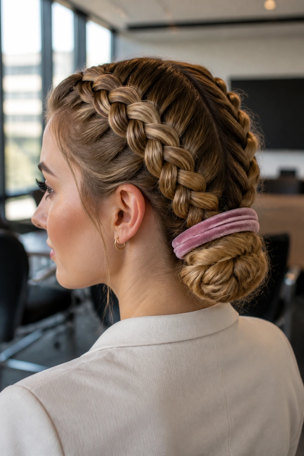 Close-up of a real woman with double Dutch braids and rose velvet headband in an office