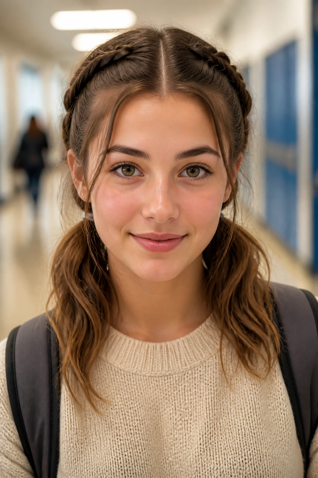Front portrait of a person with double Dutch braids ending in low pigtails
