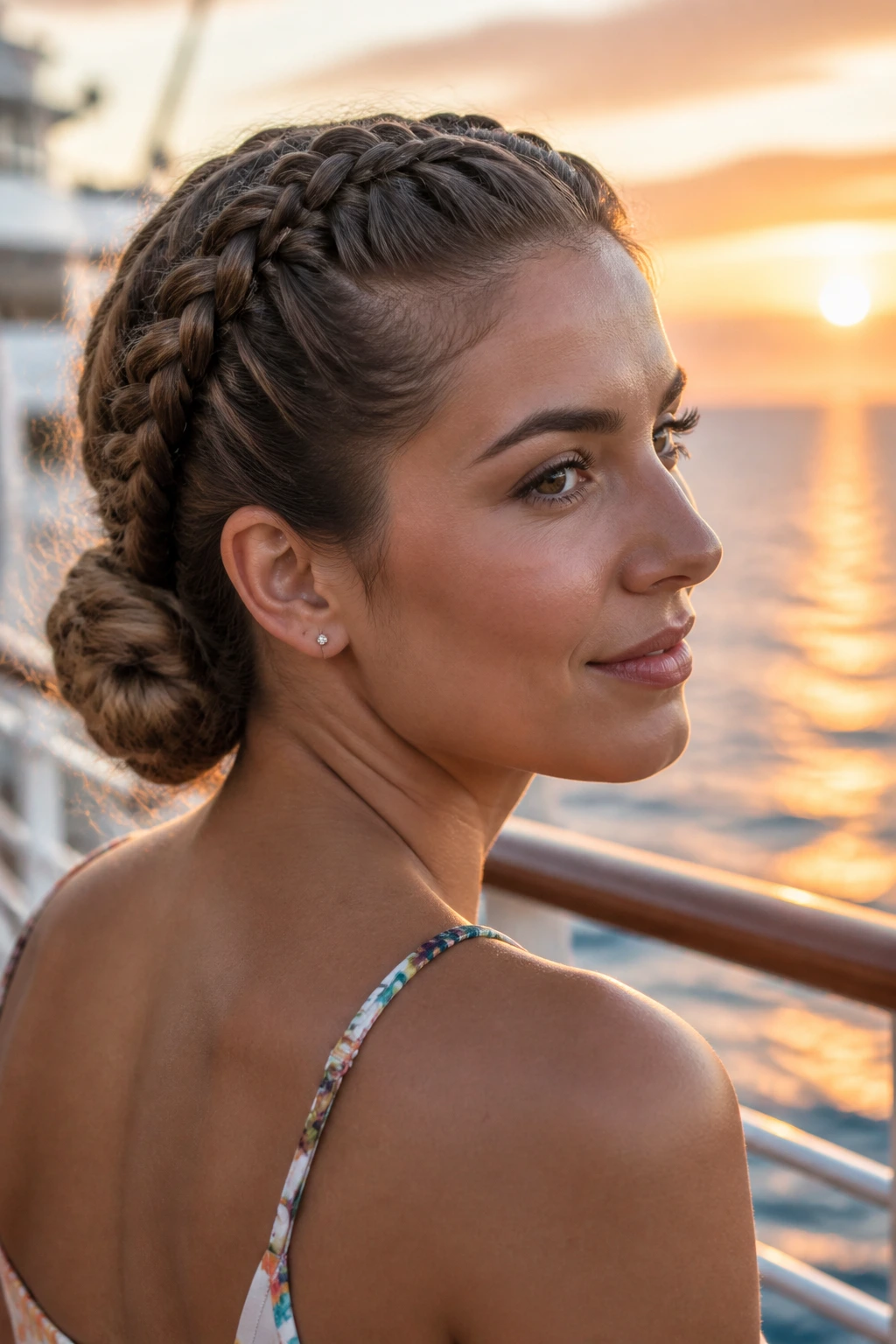 Close-up of a woman with double Dutch braids tucked into a low bun on a cruise deck at sunset