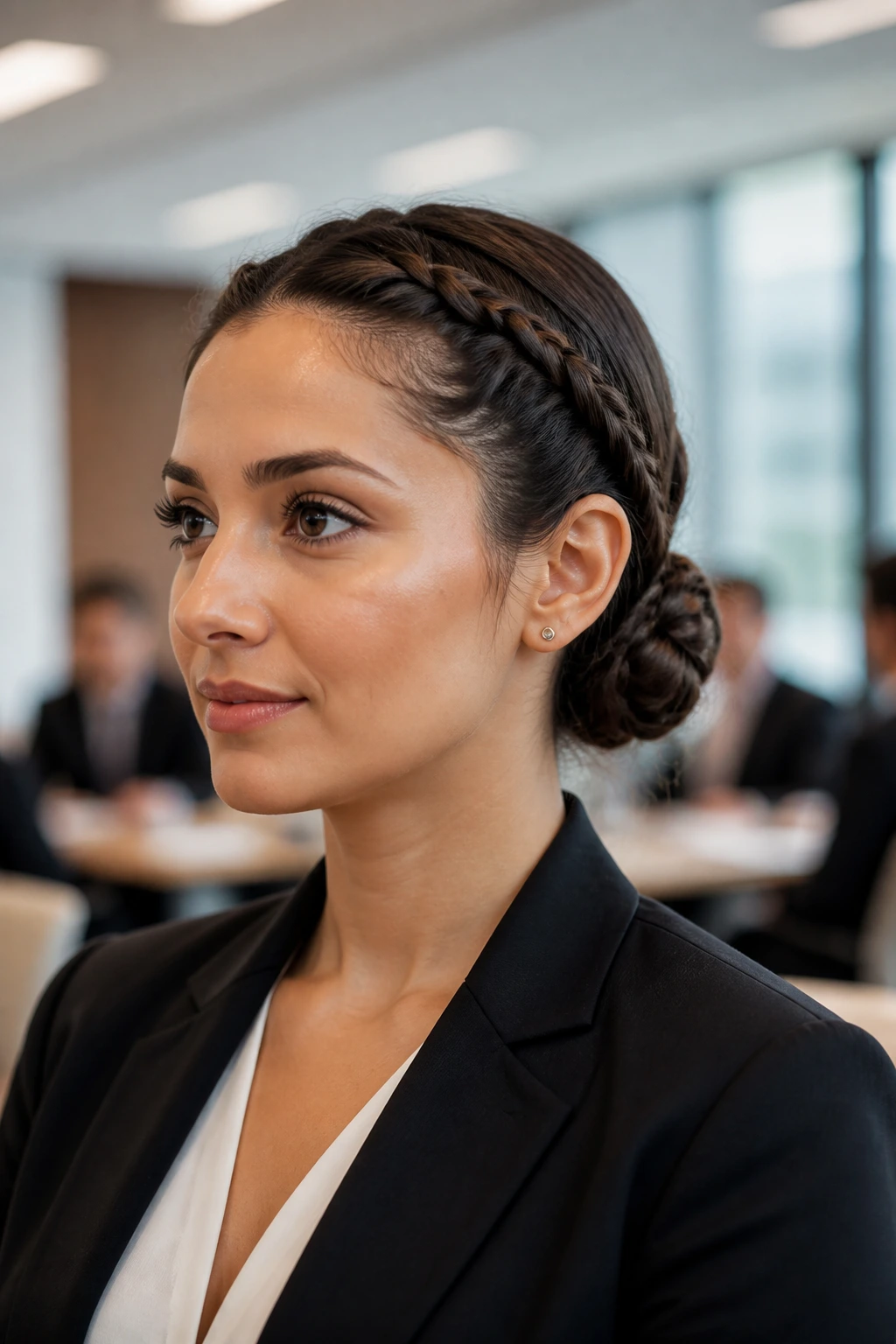 Real woman with double Dutch braids tucked into a low bun in an office/meeting room