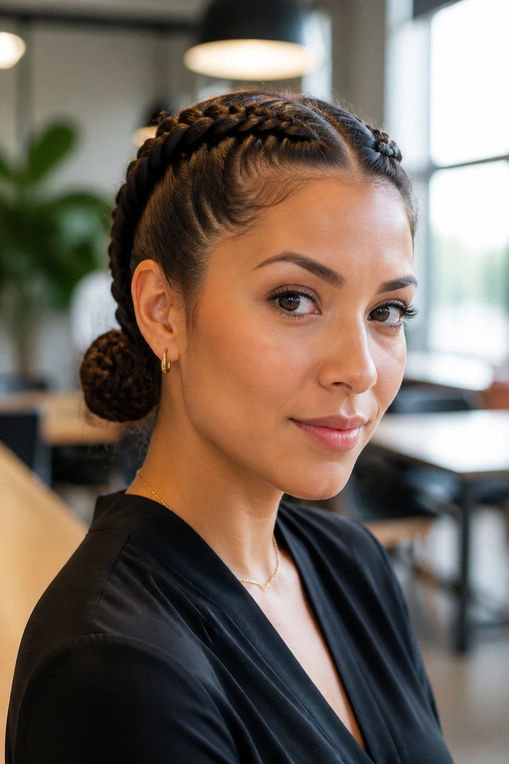 Close-up portrait of a real woman with double Dutch braids ending in low buns in an office setting