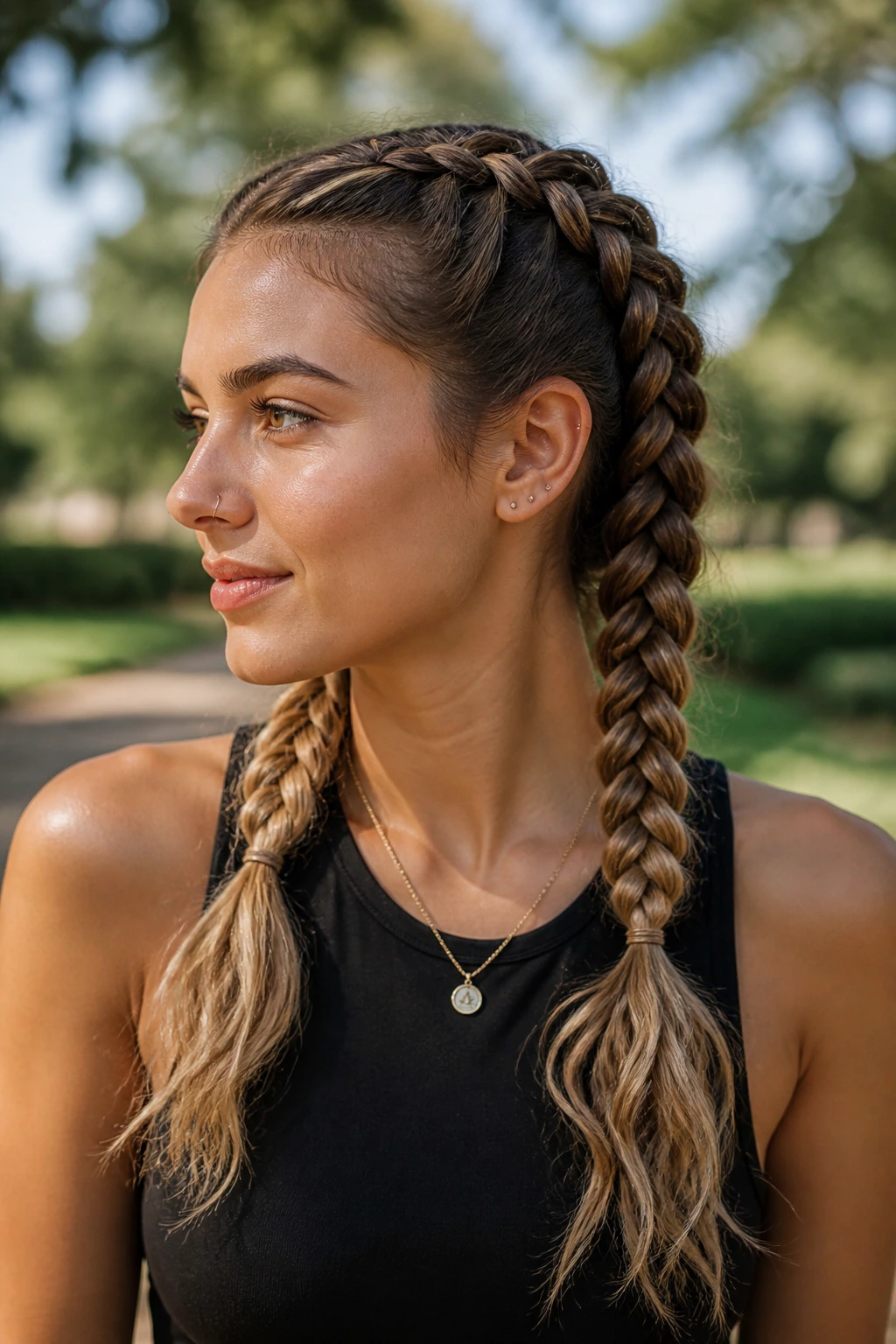 Portrait of real woman with double Dutch braids outdoors