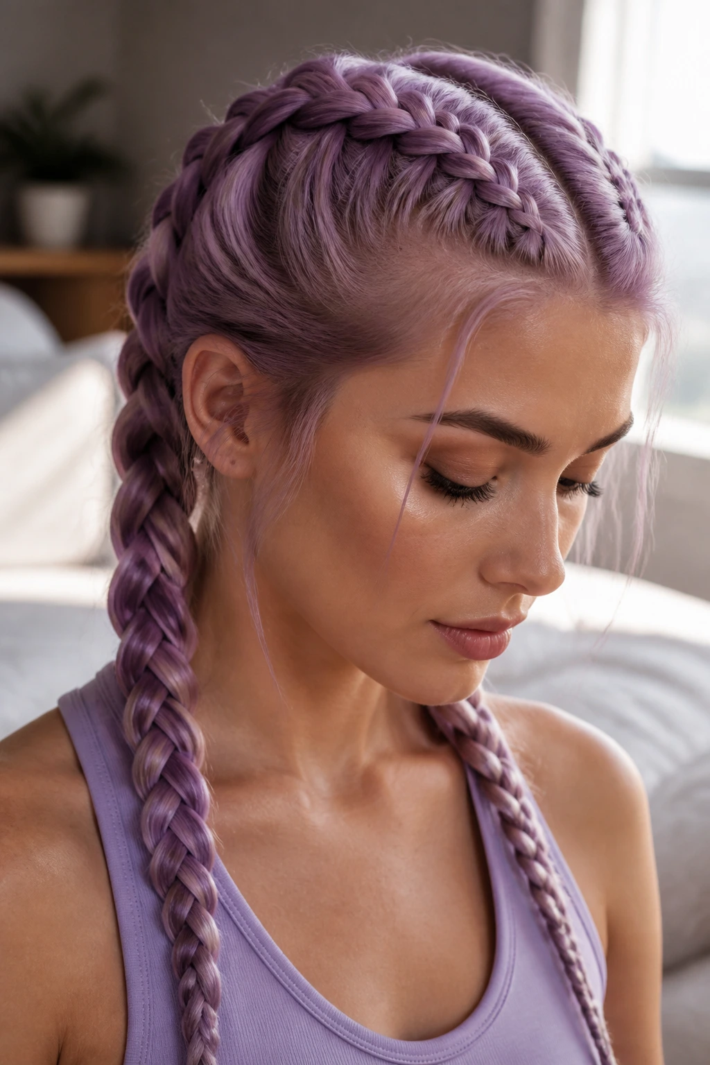 Real woman with pastel purple double Dutch braids close up