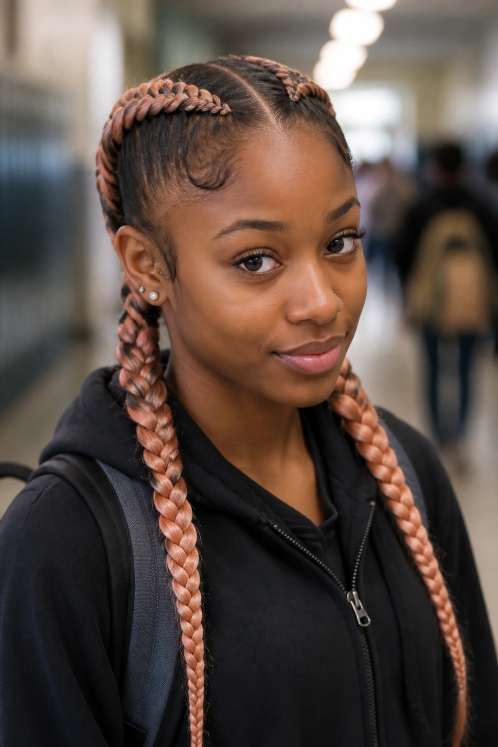 Head-and-shoulders portrait of a real person with two Dutch braids in peach nude hair