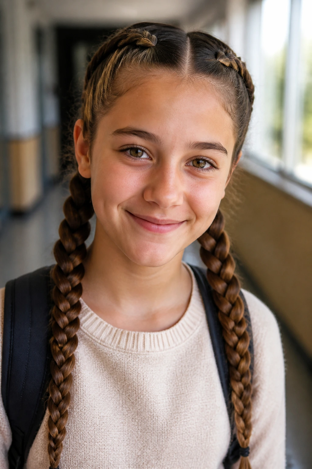 Close-up of a real girl with double Dutch braided pigtails in a sunlit hallway