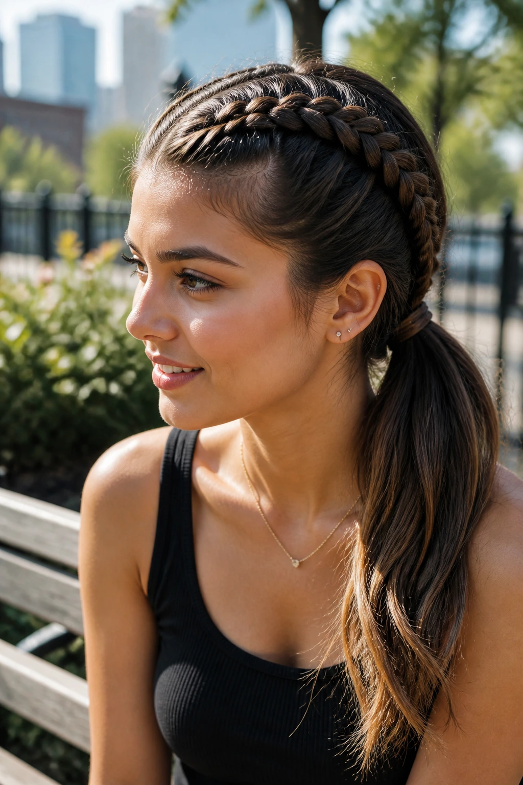 Close-up of a real woman with twin Dutch braids braided into a low pony