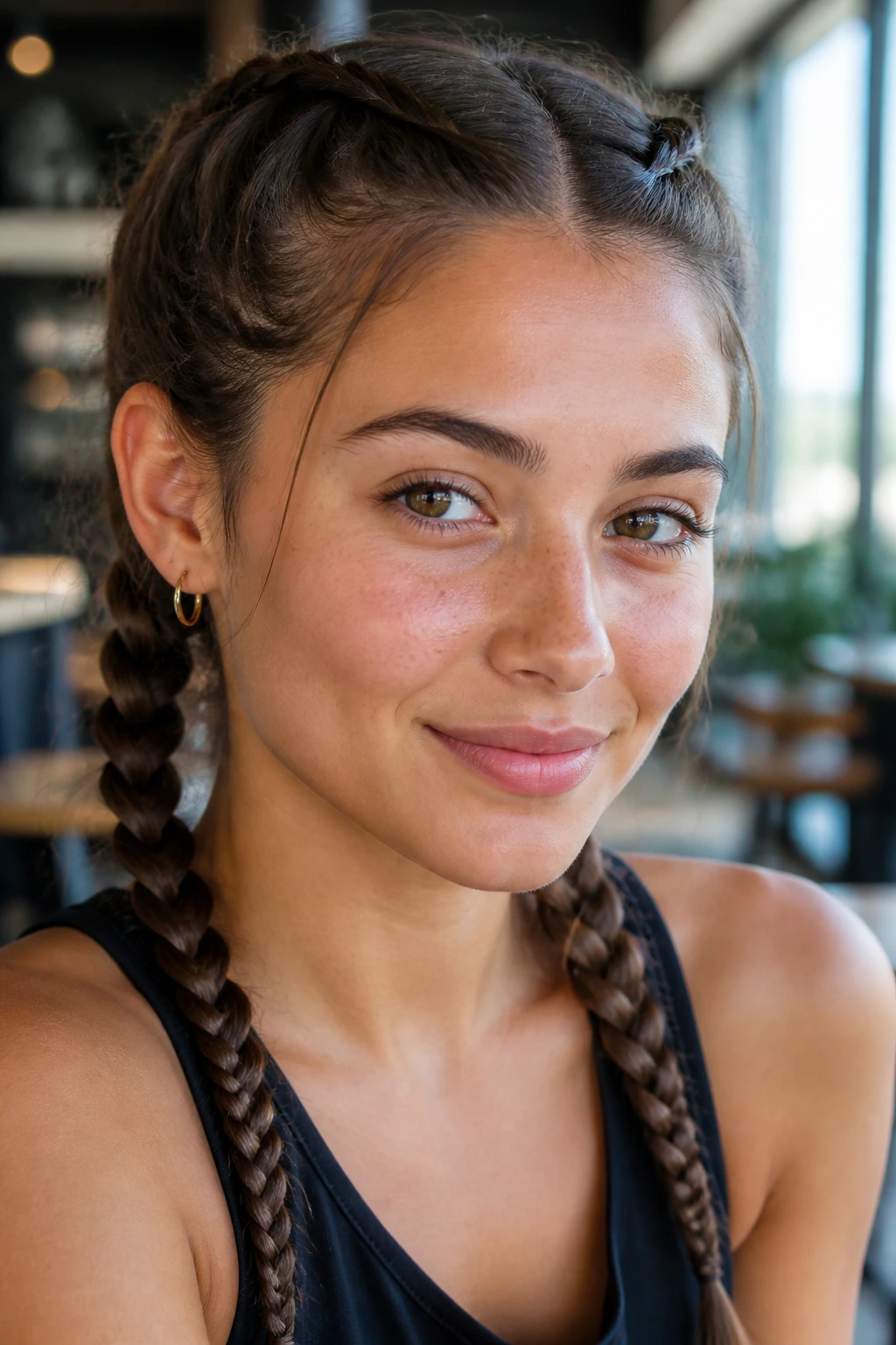 Close-up of a real person with two Dutch braids framing the head