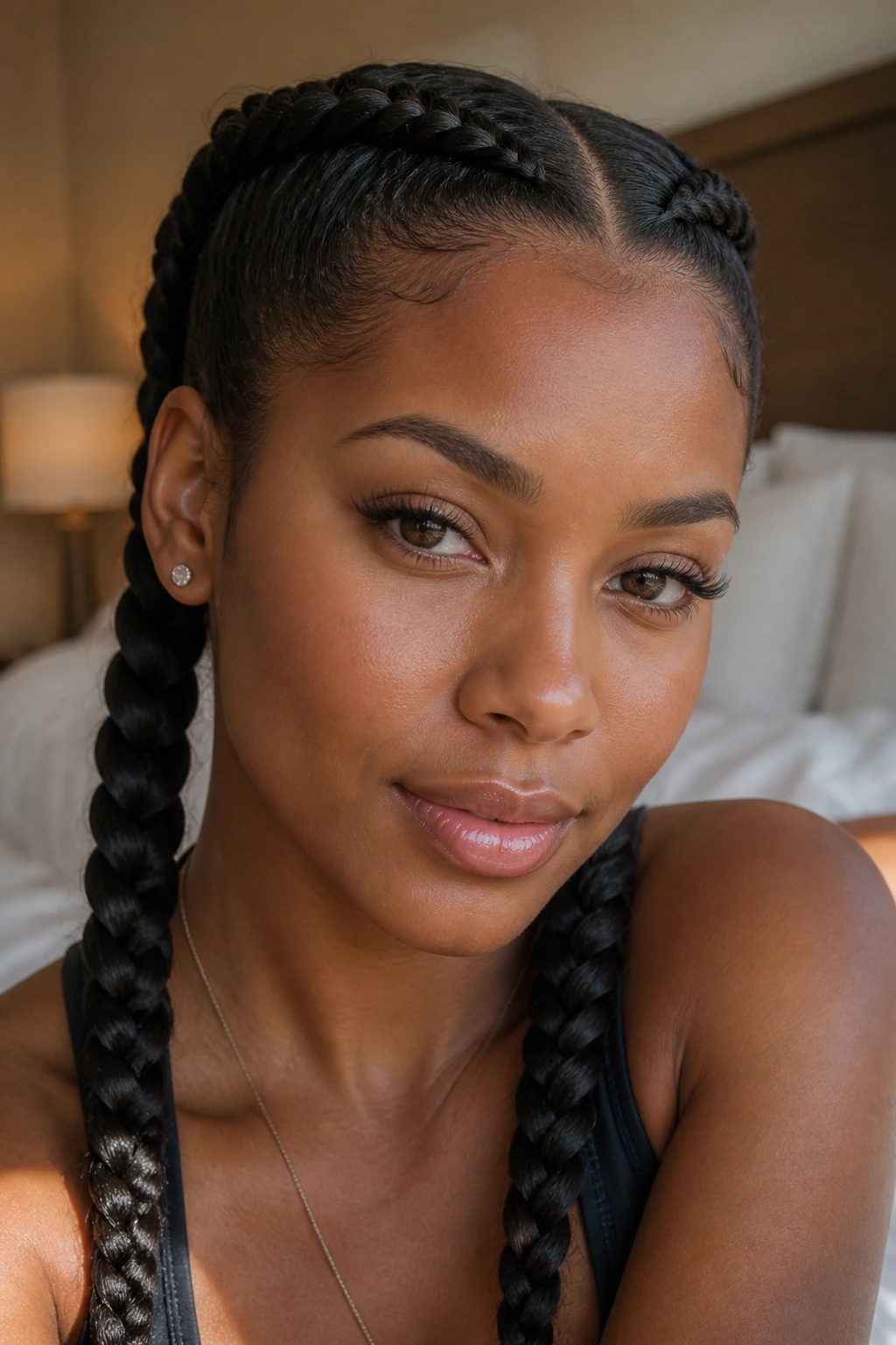 Close-up of a real woman with double Dutch braids in soft morning light