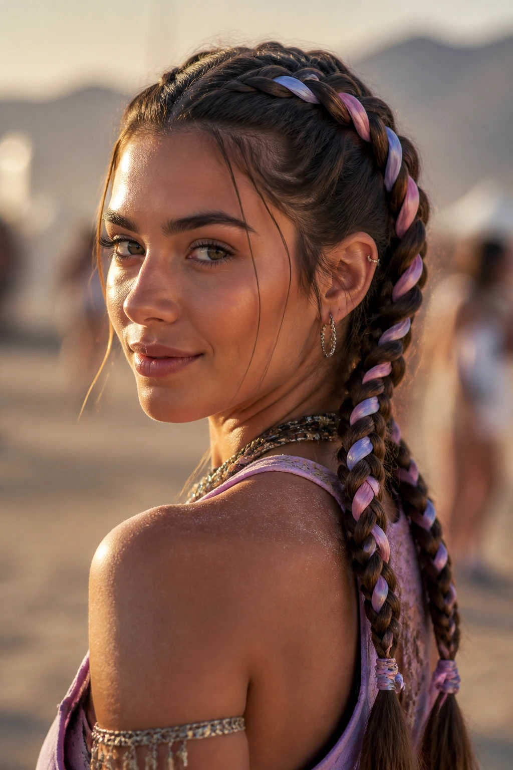 Real woman with double Dutch braids woven with pastel ribbons at festival.