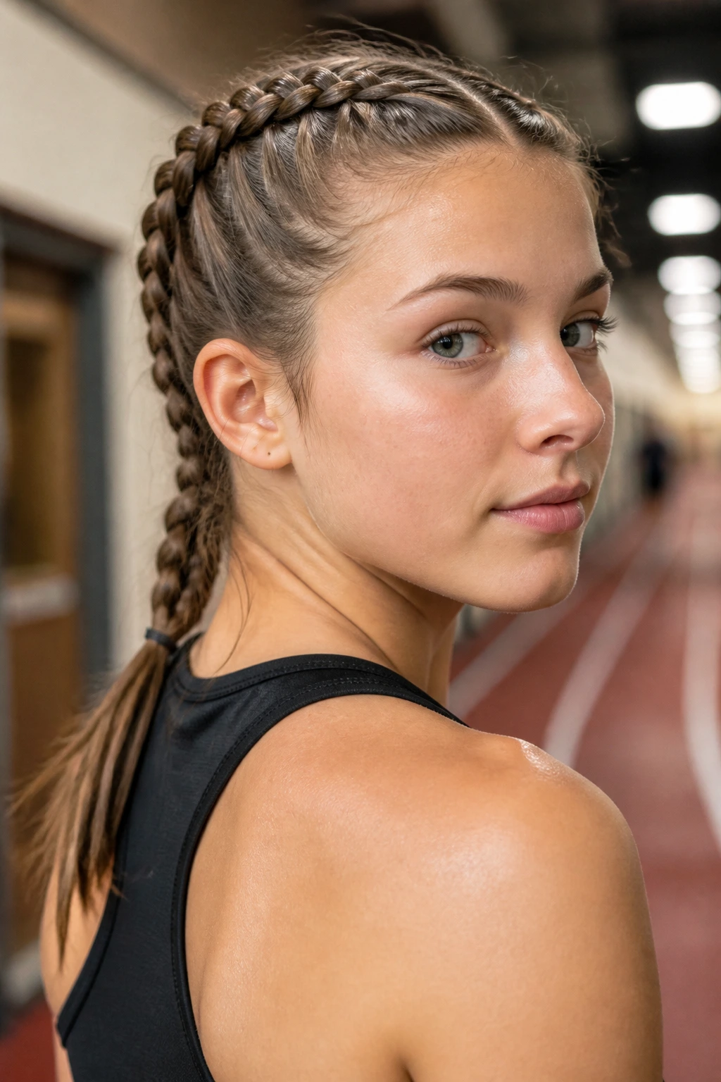 Close-up of a real student with classic double Dutch braids in a gym