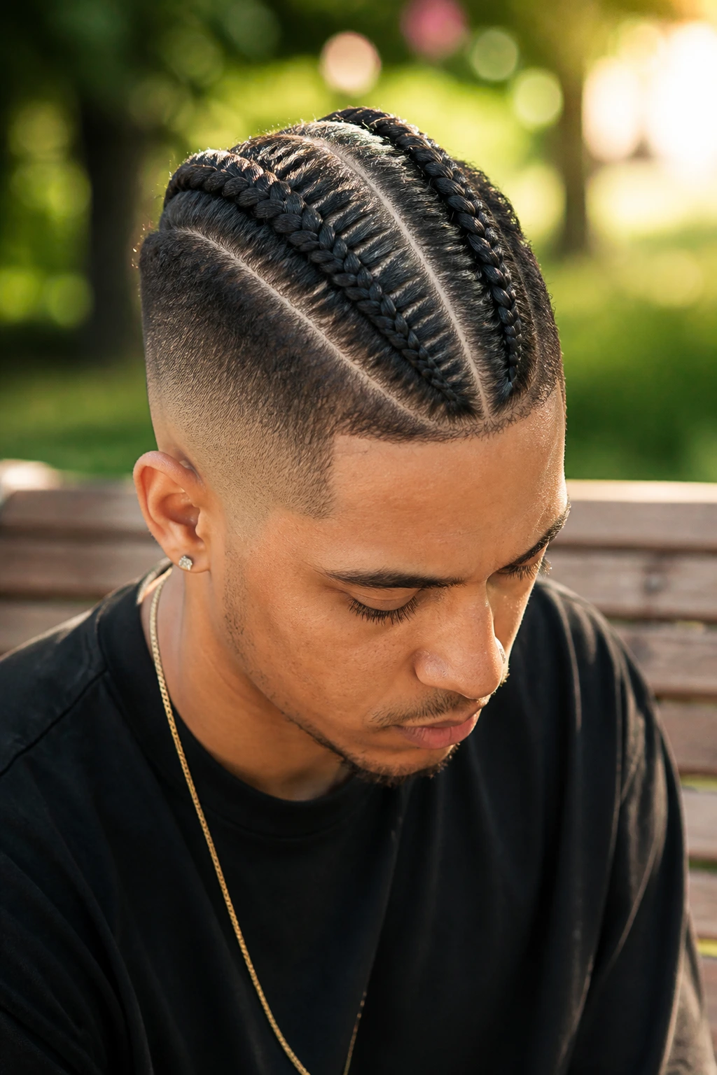 Close-up of a real person with two parallel Dutch braids and shaved undercut in a park setting