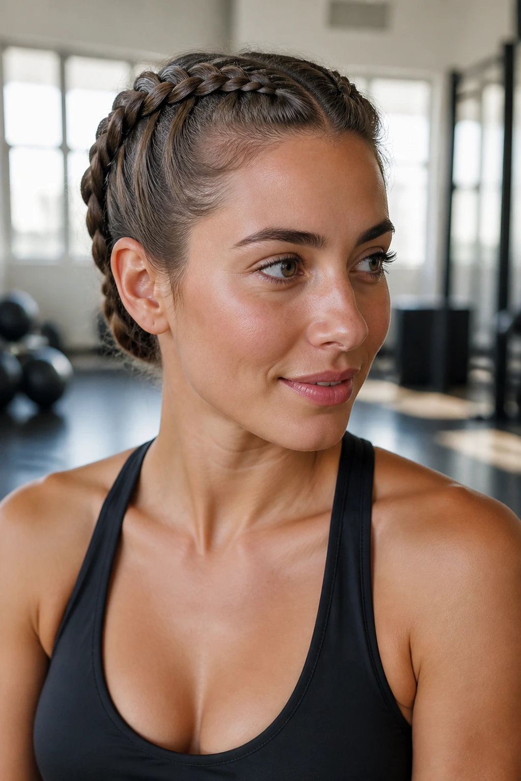 Real woman with two Dutch braids on a short bob in a gym studio setting.