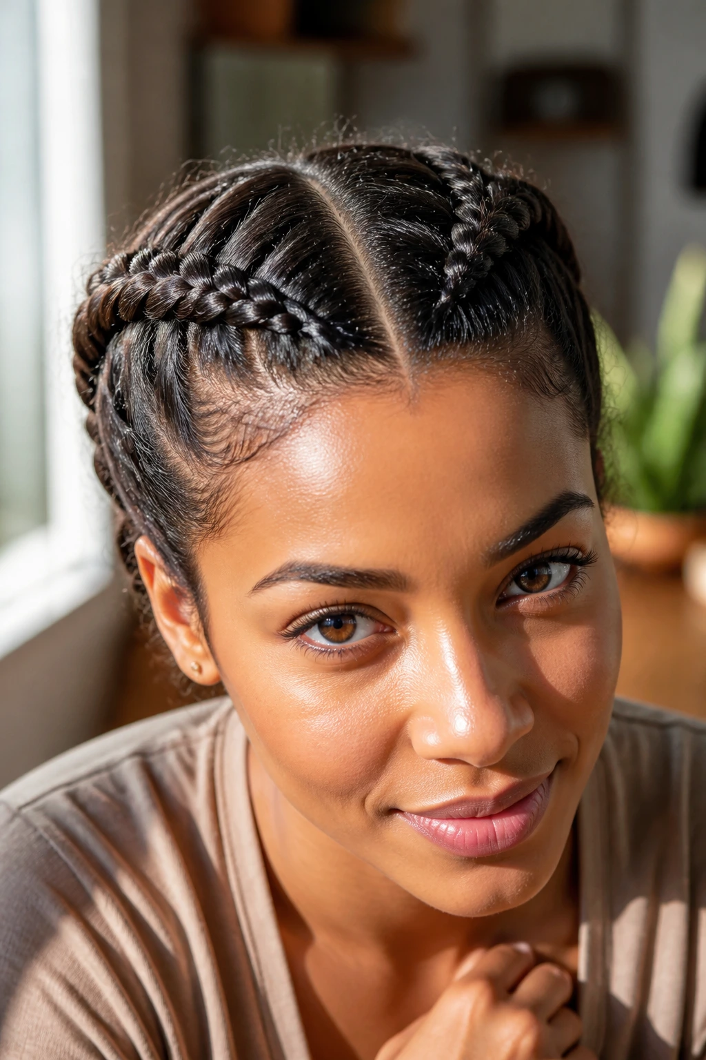 Close-up of a real person with double Dutch braids forming a crown.