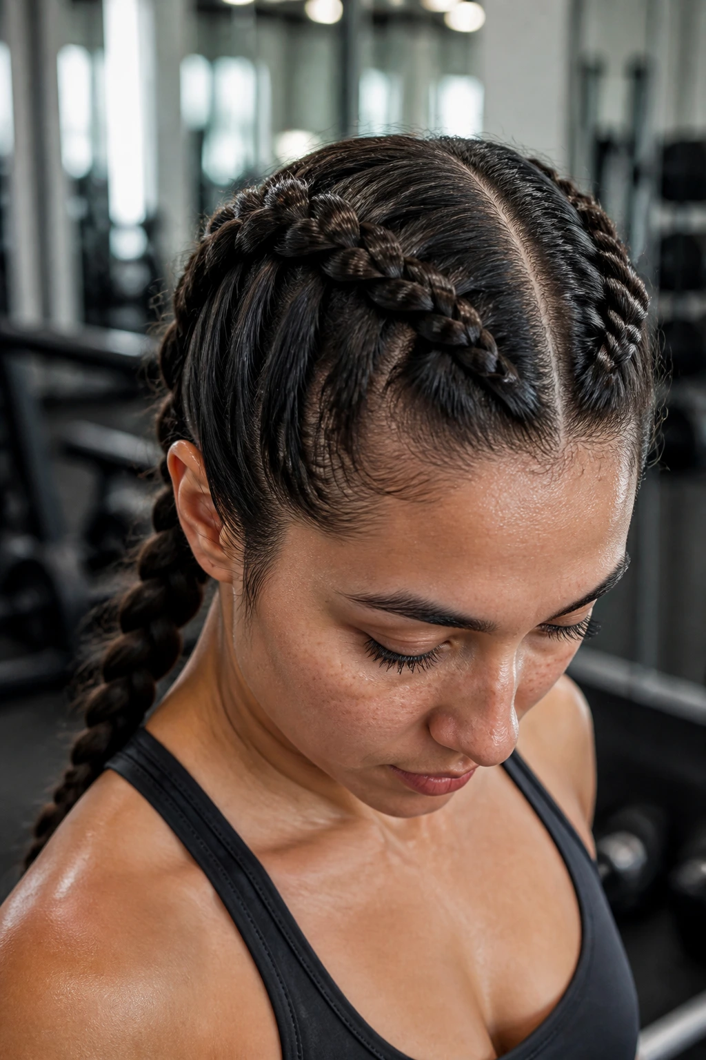 Close-up of two Dutch braids on top of the head during a workout