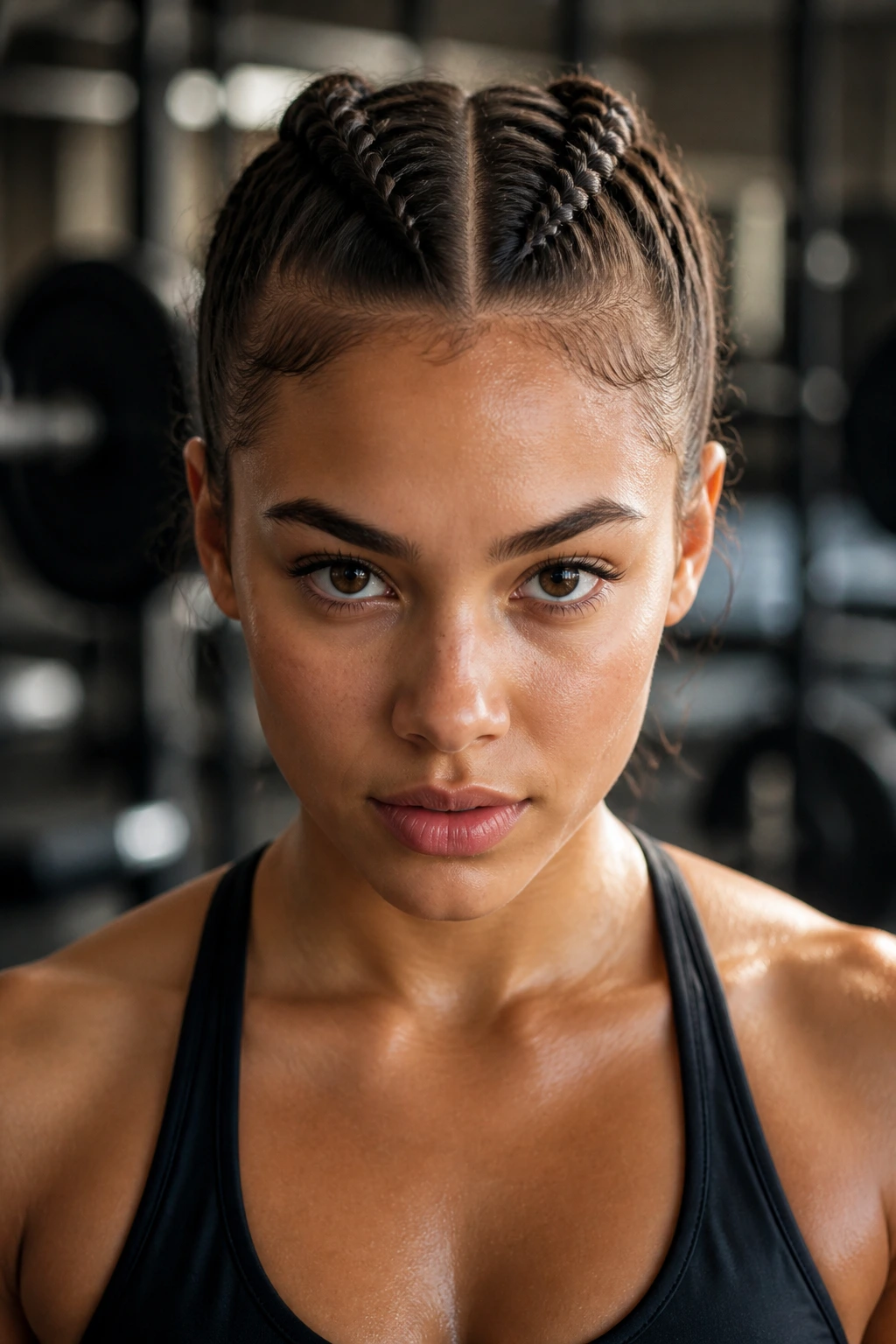 Close-up of a real woman's Double Dutch Braids in gym setting