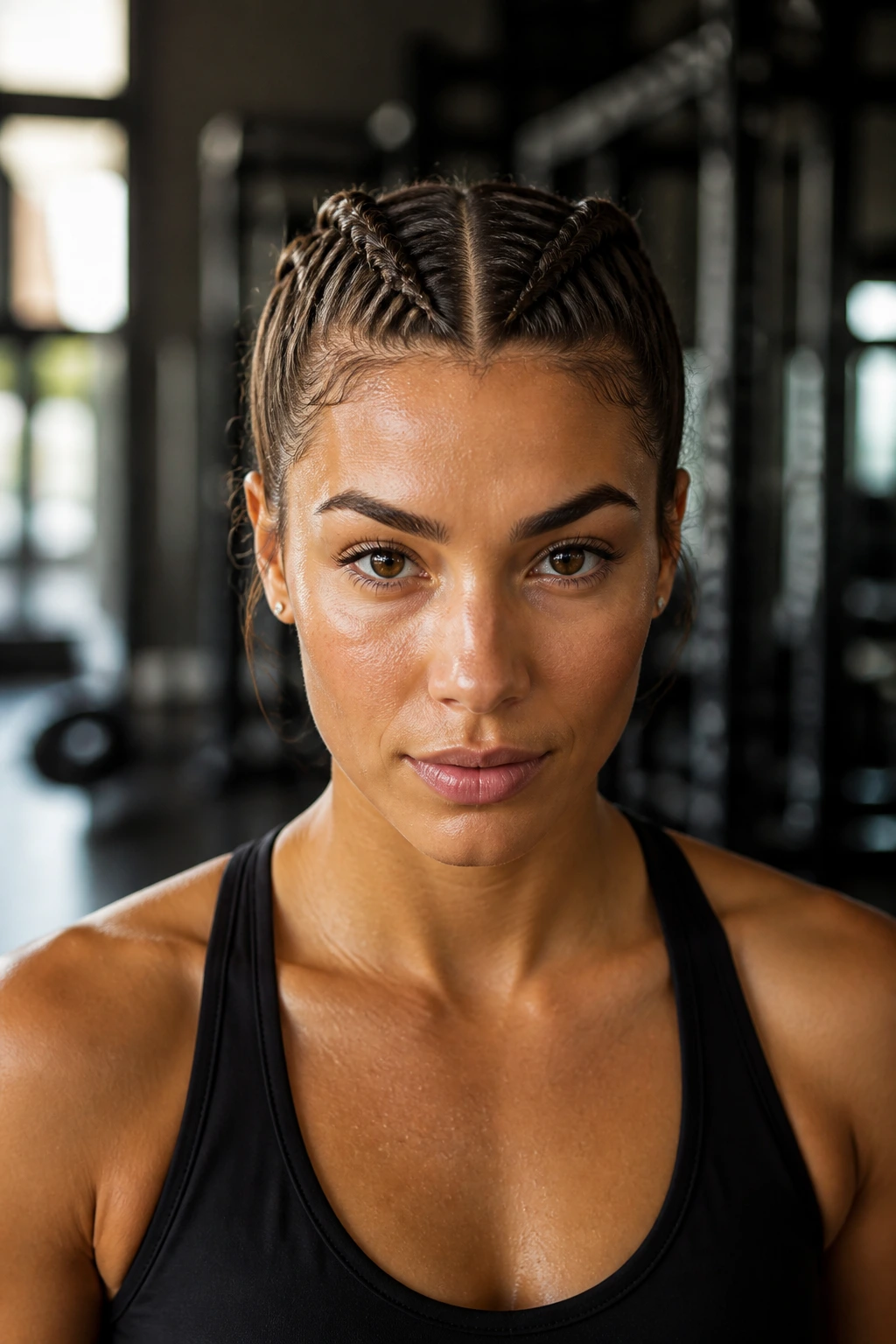 Close-up of real woman with two Dutch braids in gym setting.