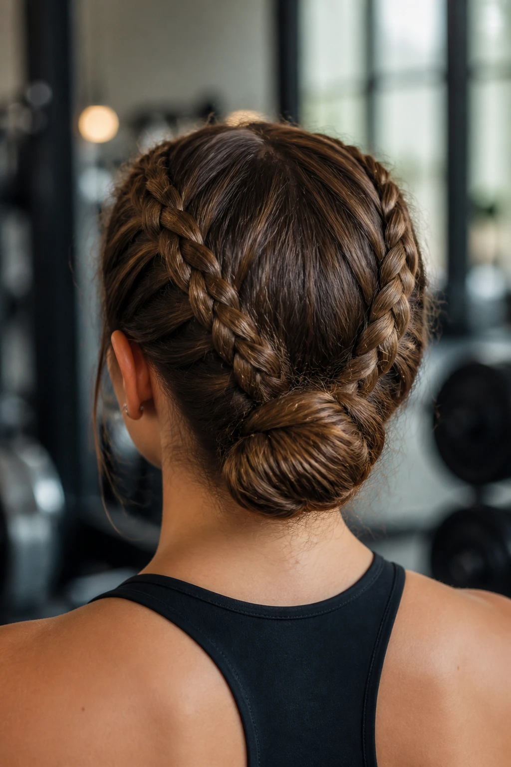 Back view of a real woman sporting a double Dutch low chignon
