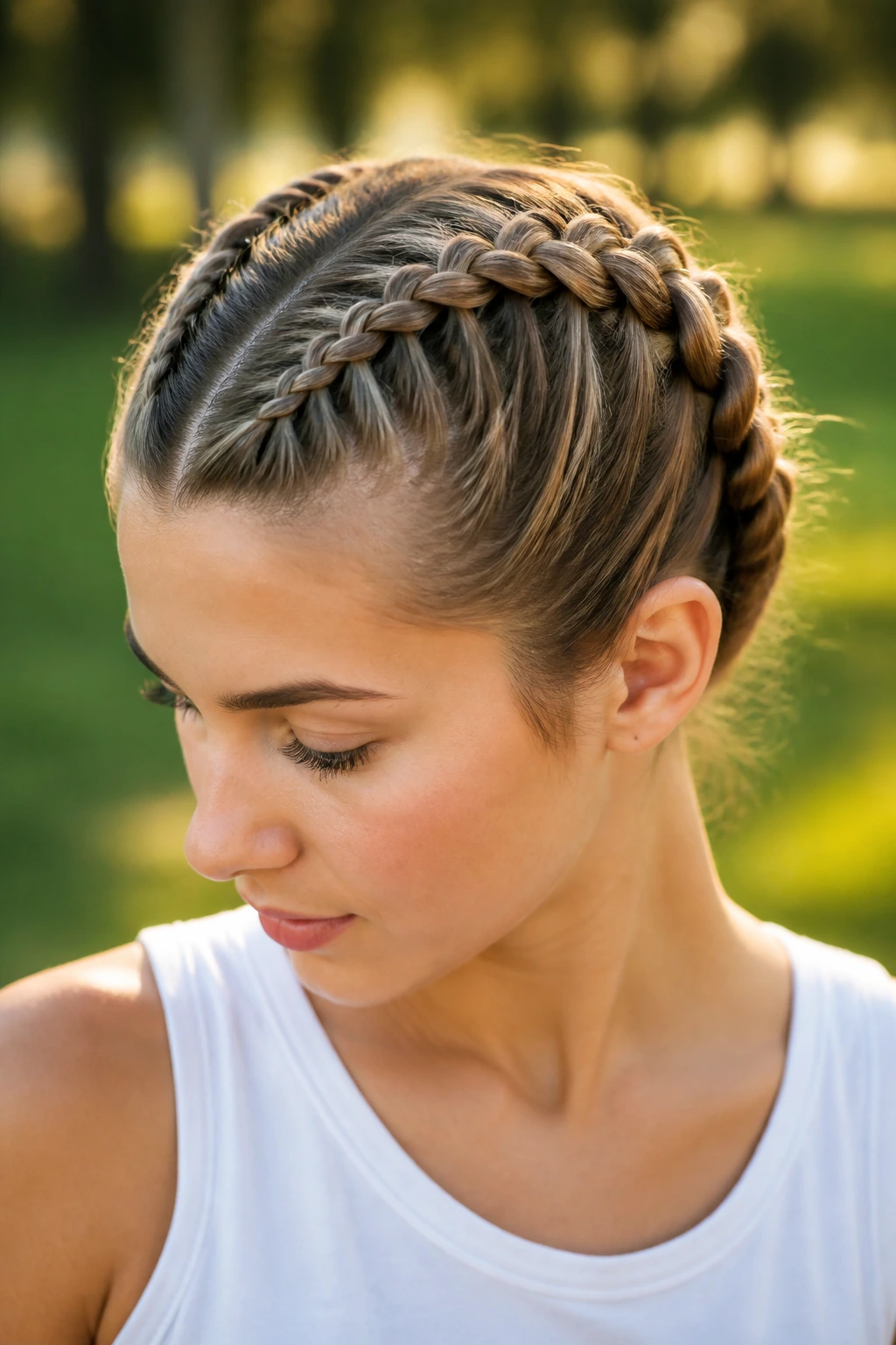 Close-up of a real woman with two Dutch braids around the crown