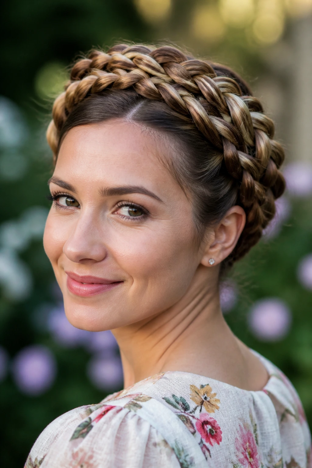 Real person wearing a thick double Dutch crown around the head, close-up.