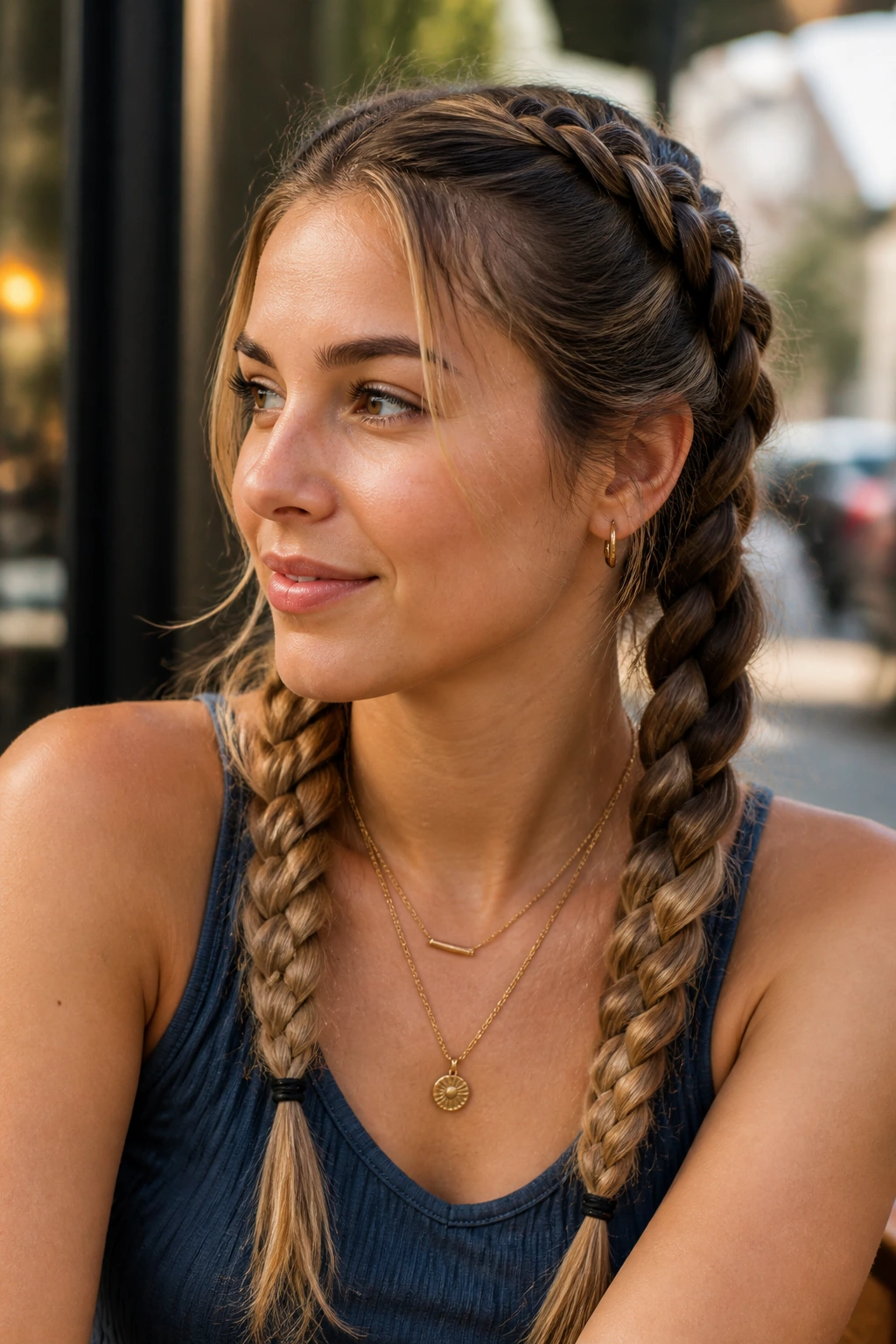 Close-up of a woman with double Dutch braids and a polished look
