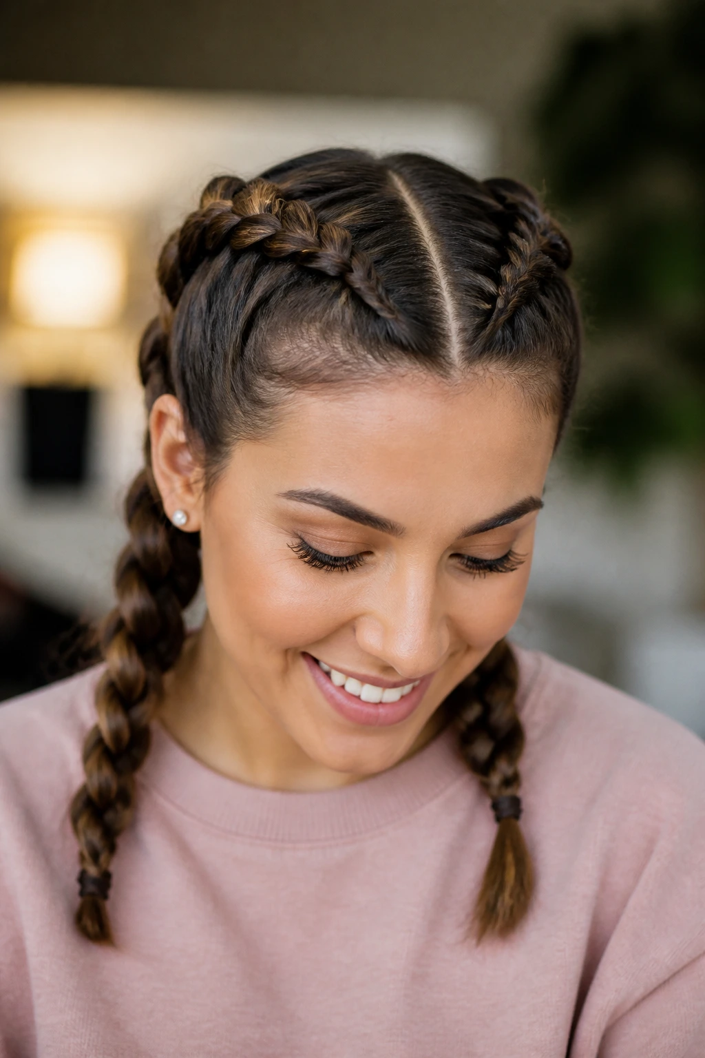 Close-up of a real woman with two Dutch braids forming a crown on the scalp
