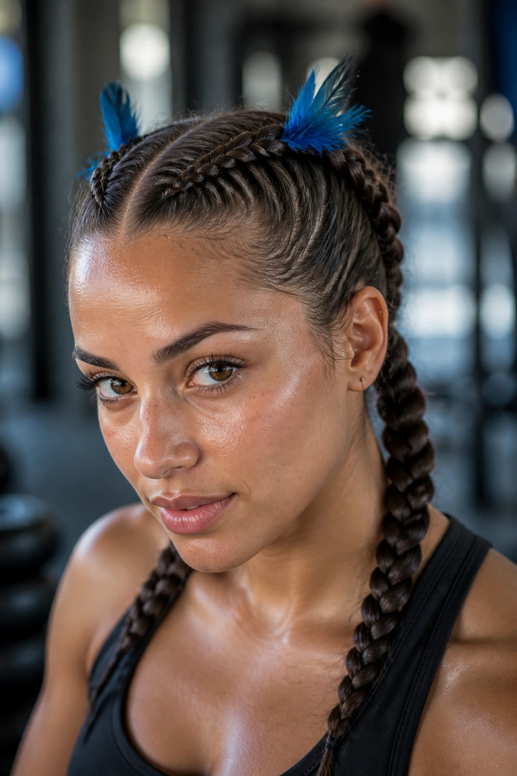 Portrait of a real woman with double Dutch braids and blue feathers