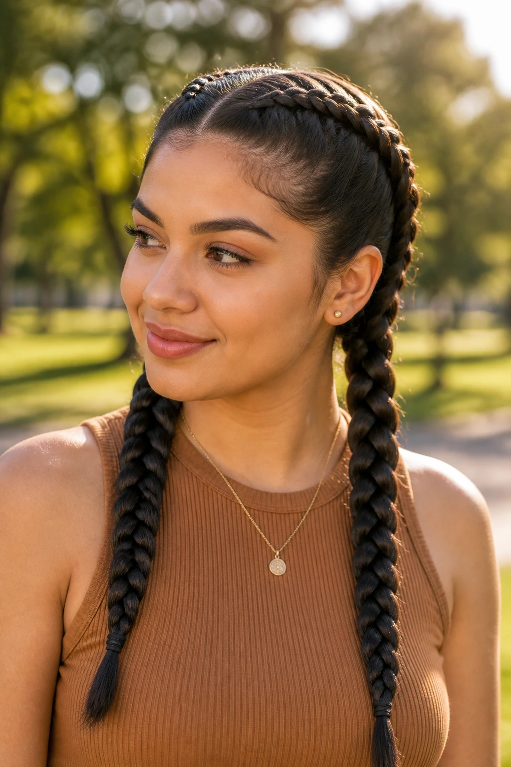 Portrait of a real woman with two Dutch pigtail braids