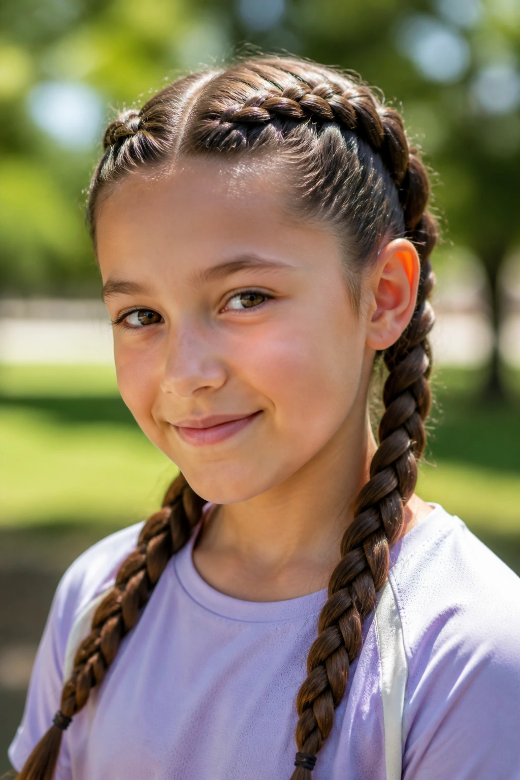 Close-up of a real person with dual Dutch braids forming pigtails