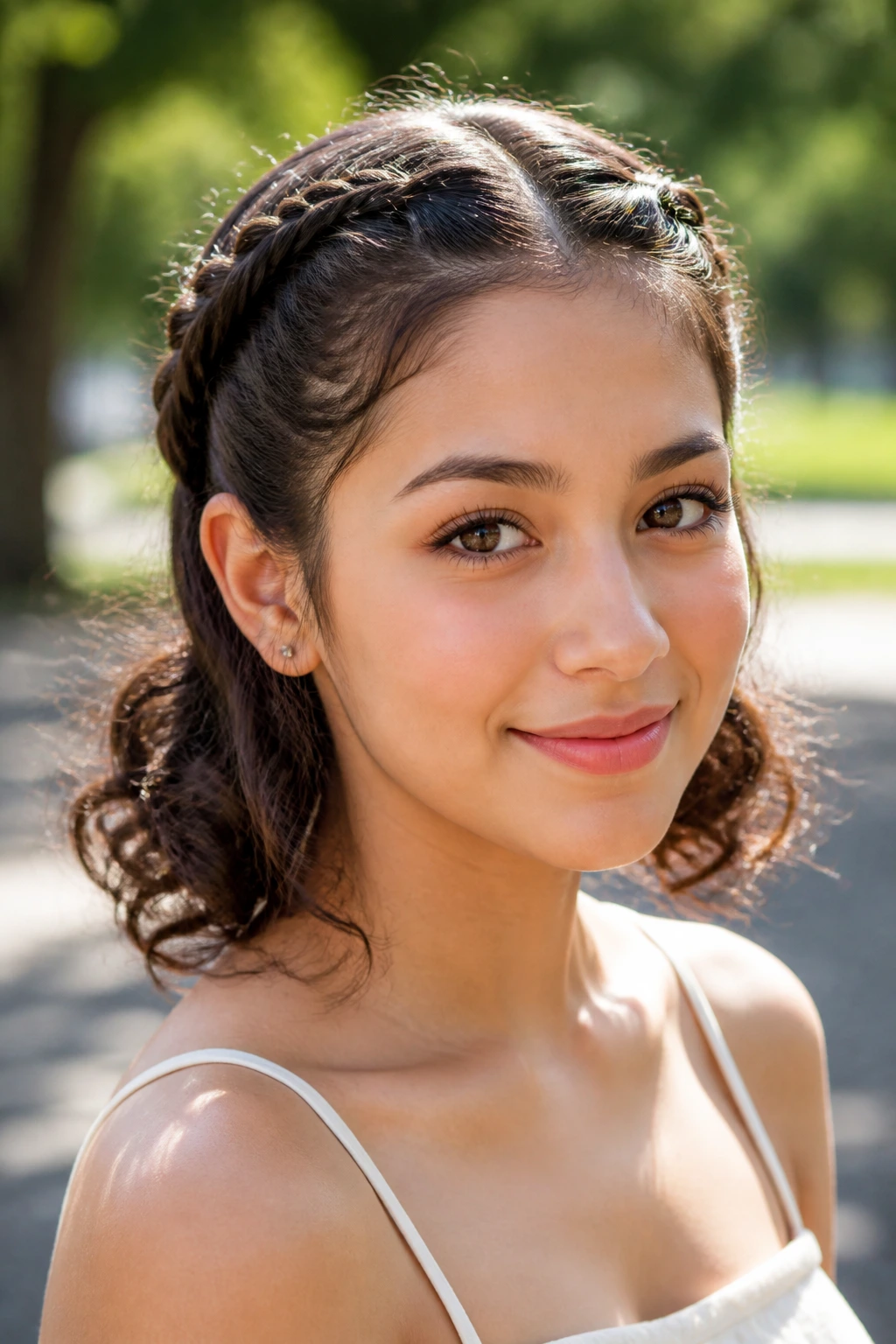 Close-up of a real woman with double Dutch pigtails and ringlets