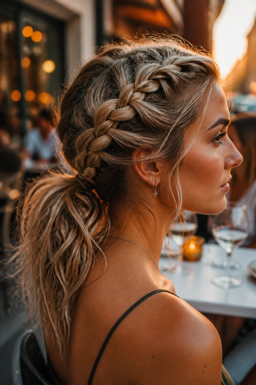Close-up of a woman's head showing two Dutch braids leading into a messy low pony.