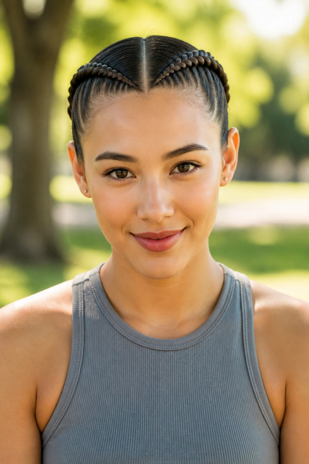 Real woman with two Dutch braids starting at the hairline and running to the back in a sunny park.