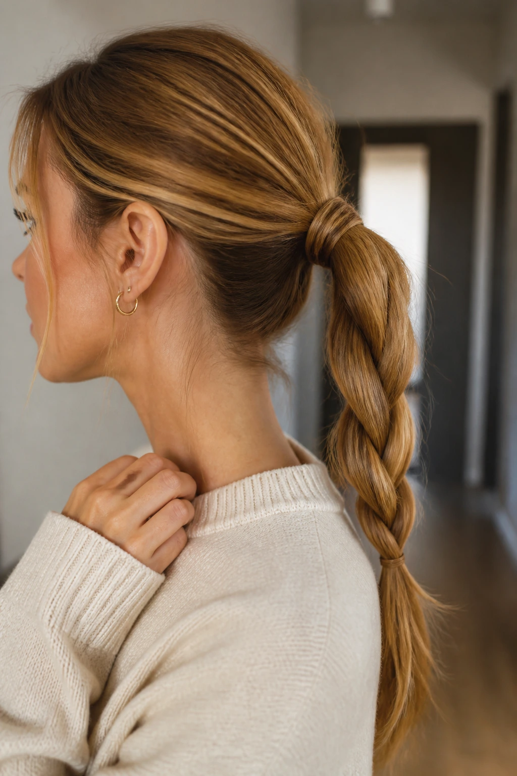 Close-up of a real woman with a mid-height ponytail and wrapped base braid