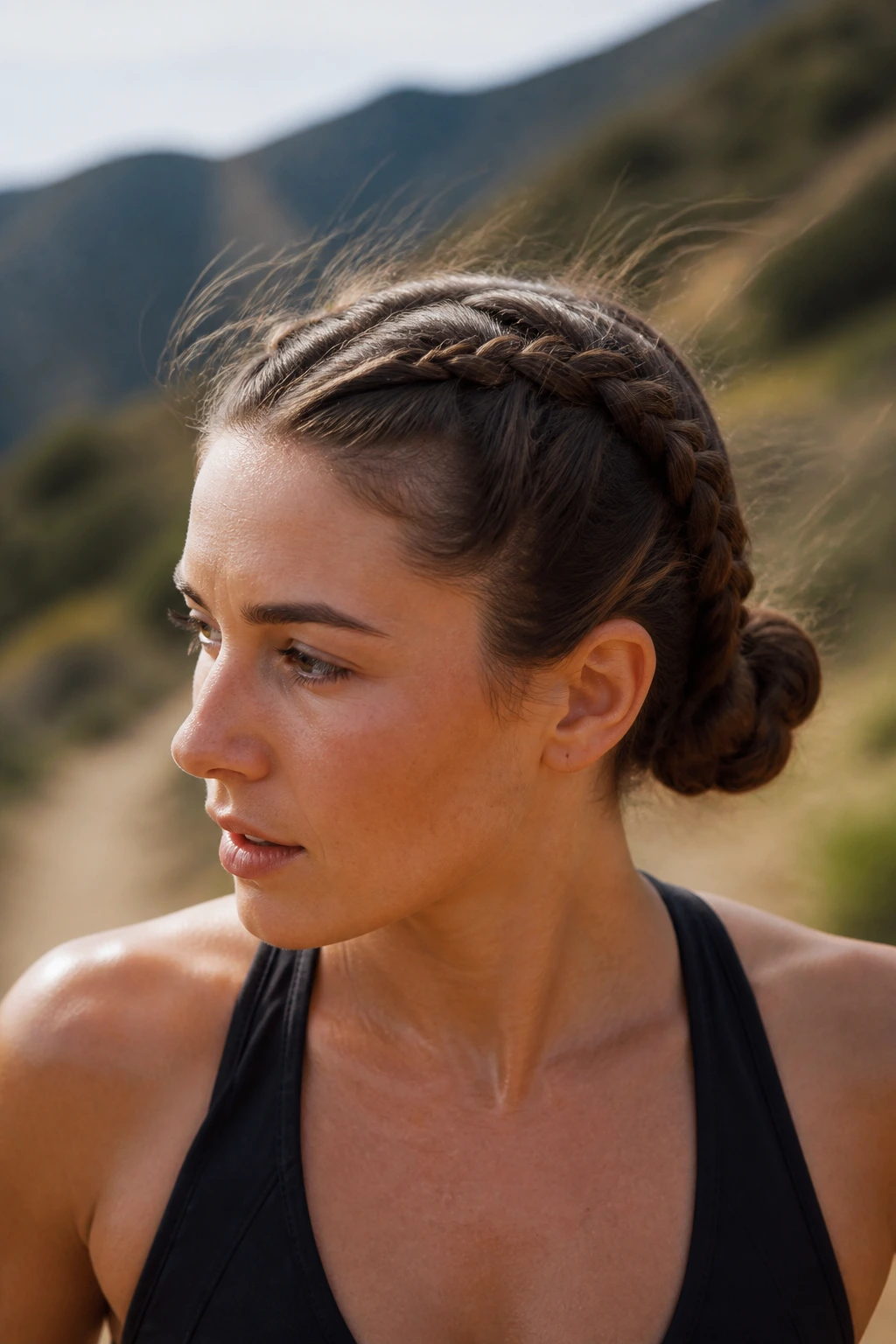 Close-up of a real woman with double French braids into a low bun outdoors