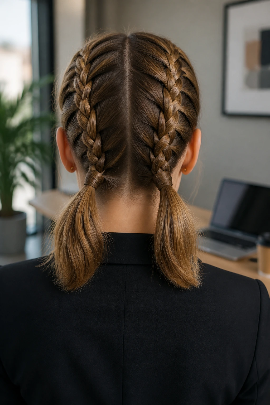 Back view of a woman with two French braids into low pigtails