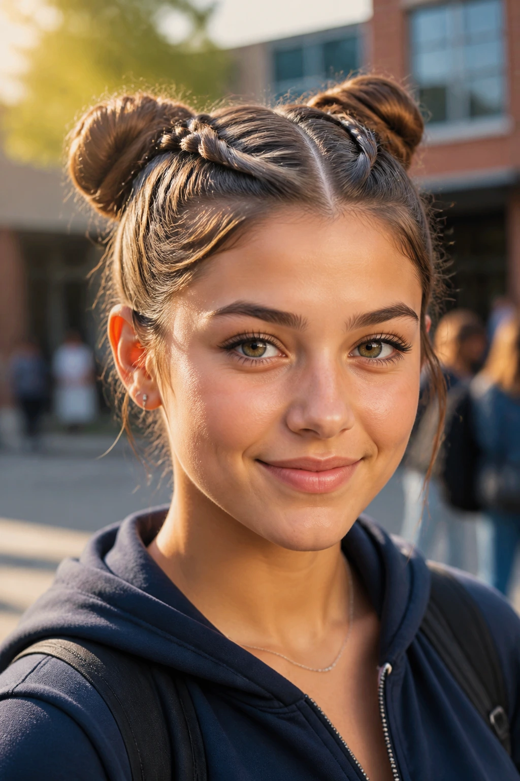 Close-up of a teen with double French braid space buns in an outdoor courtyard