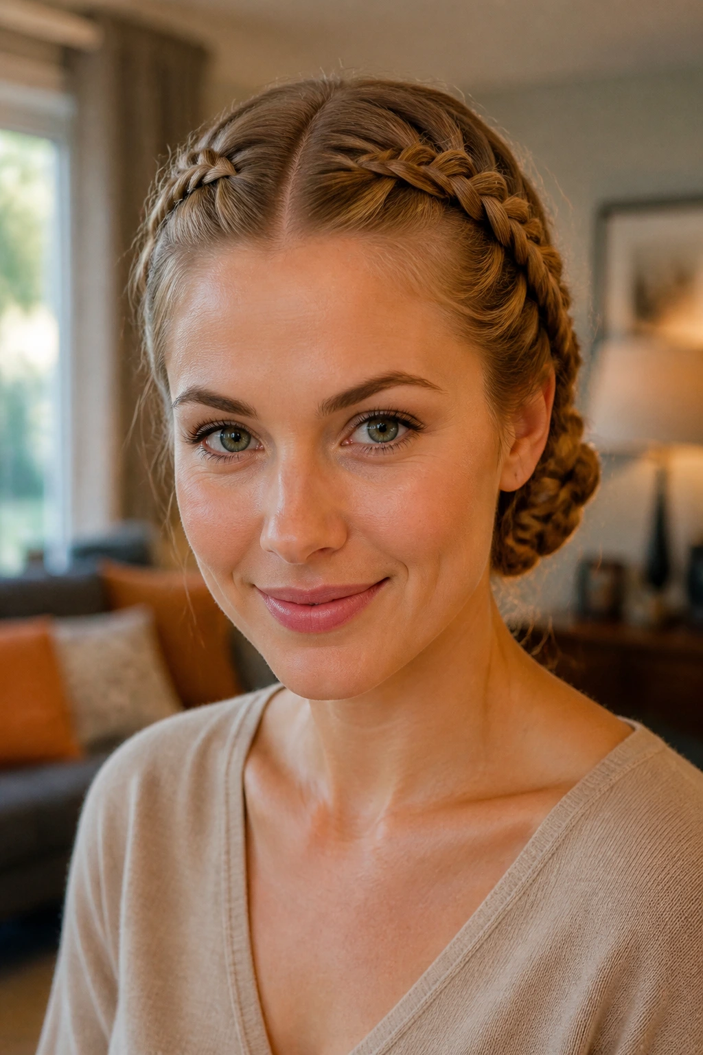 Close-up of a woman’s head with two French braids twisted into a single rope at the back