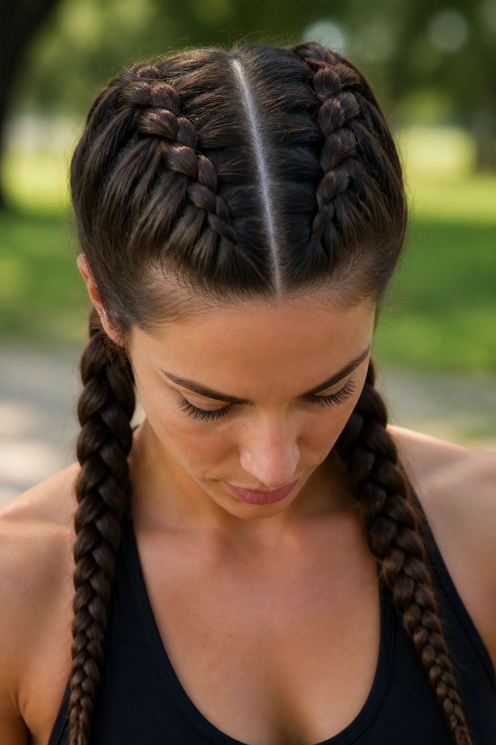 Close-up of a real person with two thick French braids along the scalp in daylight