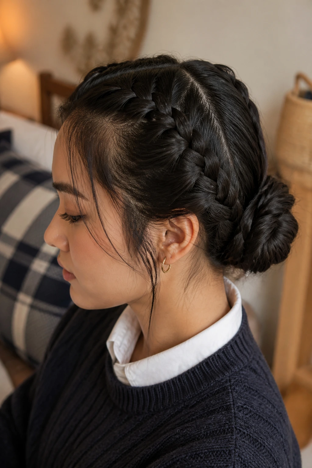 Head-and-shoulders portrait of a real person with two French braids forming a low bun
