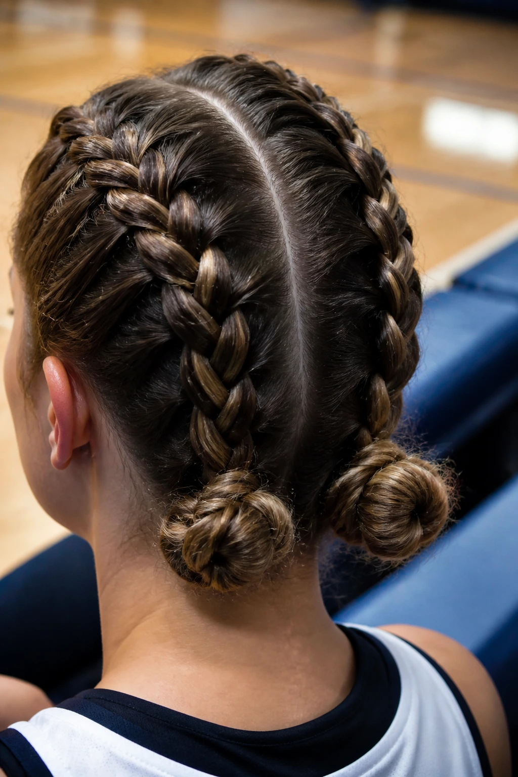 Athlete with double French braids and two low buns