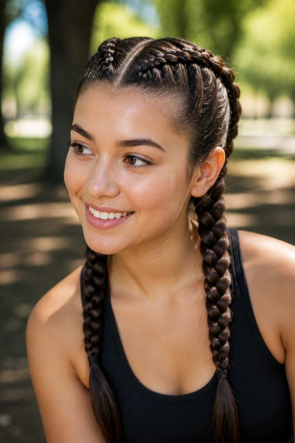 Close-up of a real woman with two tight French braids